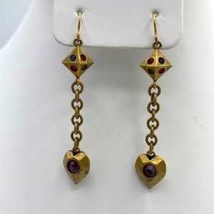 Patricia Locke Pierced Earrings Multi Color Stones Gold Plated Heart Dangle